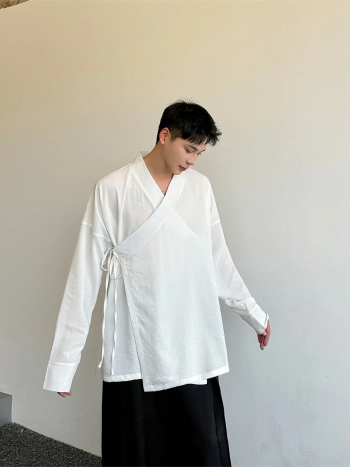 

New National Sle Retro Hanfu irt Men's Loose White Inner irt Face Skirt Summer Casual Wear Youth No Ironing Needed