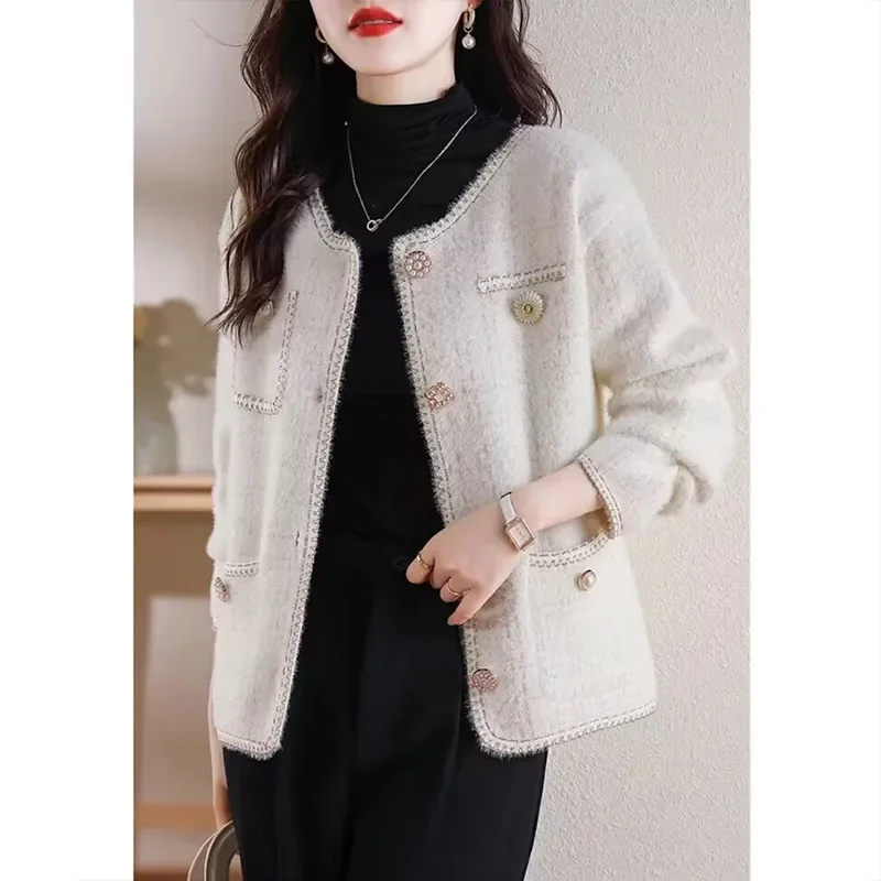 Office Lady Temperament Elegant Warm Sweaters Coat Autumn Winter Vintage Loose Chic Button Knitted Cardigan