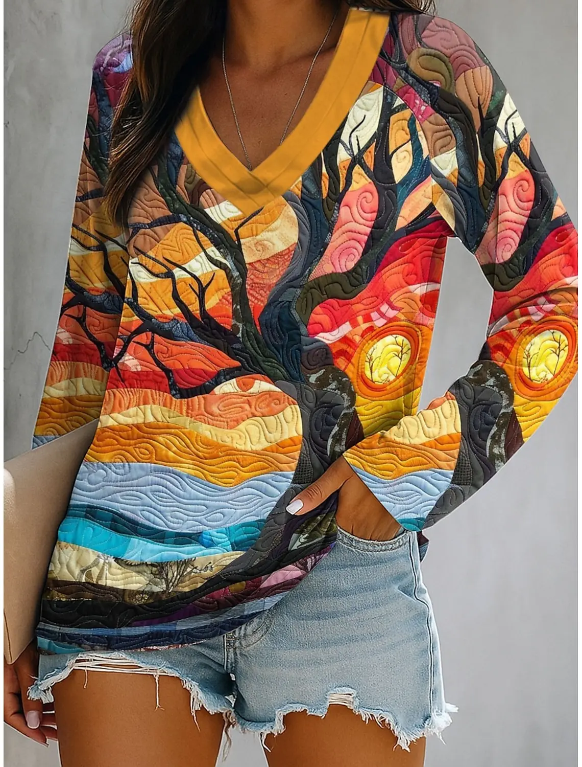 

Women's T-Shirt Ombre Graphic Plants Elegant Fashion Tee Long Sleeve T-shirts V-Neck Regular Tops Pullover Fall Winter