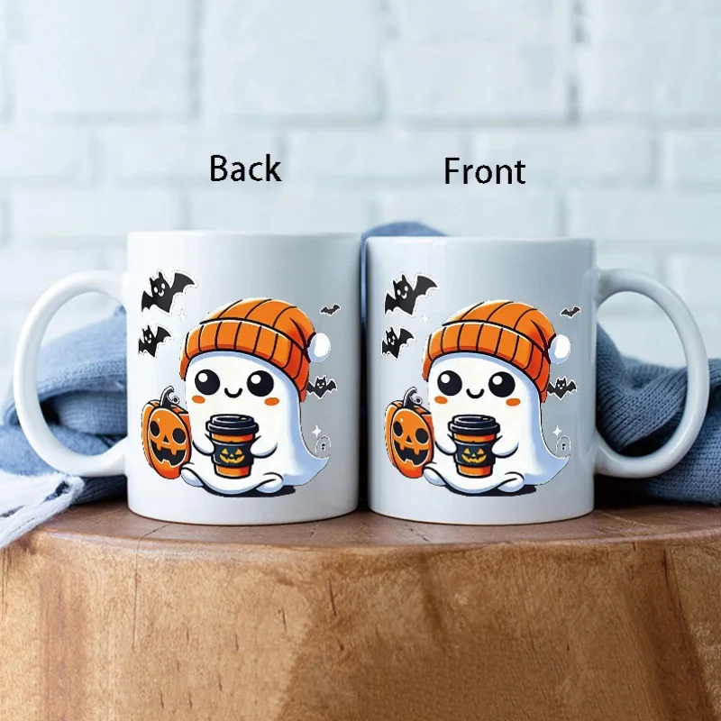 Ceramic Halloween Themed Coffee Mug Featuring a Knit Beanie Ghost Design Capacity Adorned Blushing Ghost and Fluttering Bats