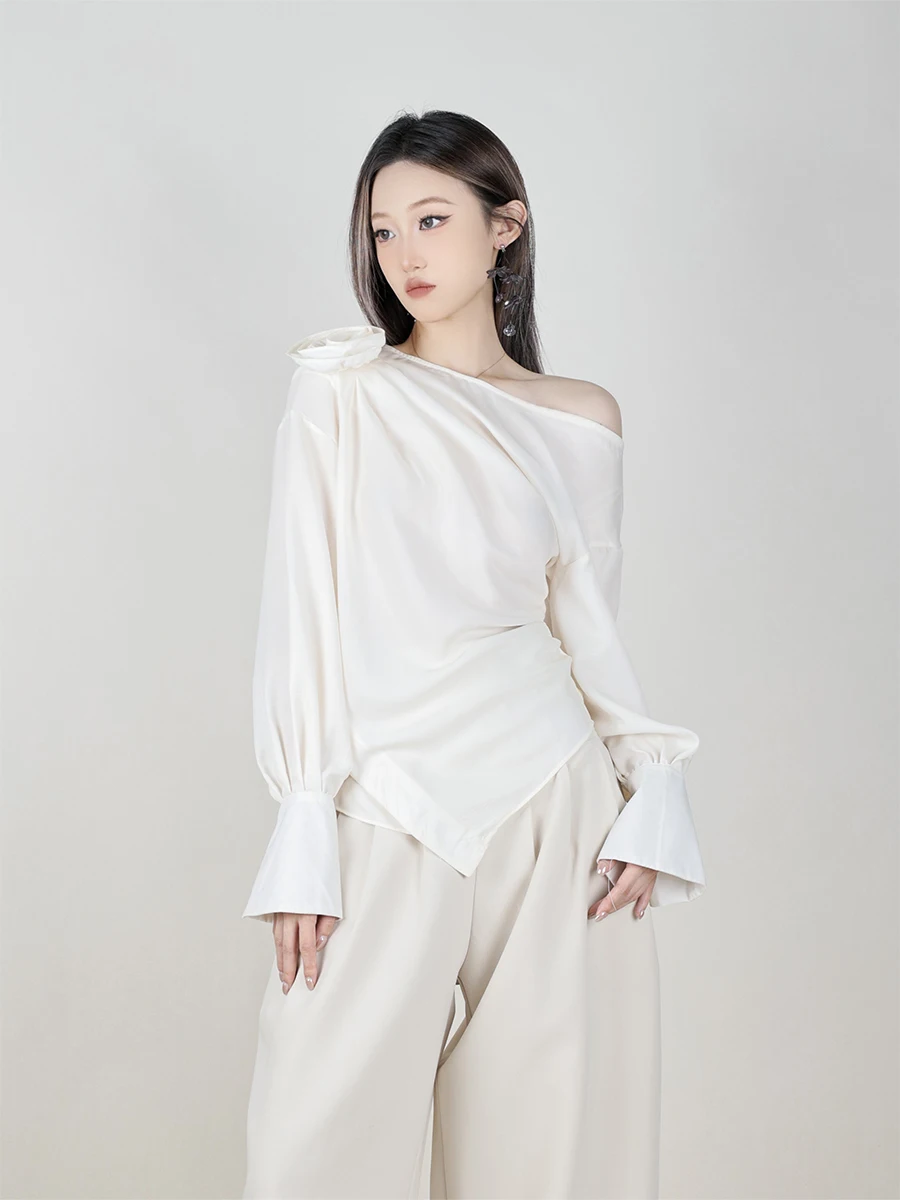 

Bylu Satin Surface Handmade Rose Flower Slant Shoulder Long Sleeve Shirt 3D Decoration Women's High-End Feelings Fashionable