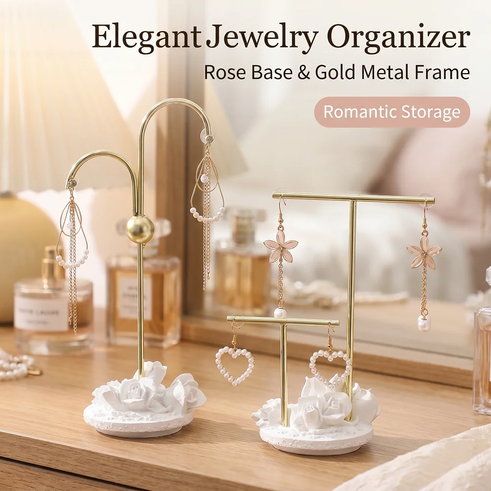 

Earring Display Stand White Resin Rose Base Gold Metal Elegant Jewelry Holder Rack For Dangle Earrings Pendant Necklace Vanity