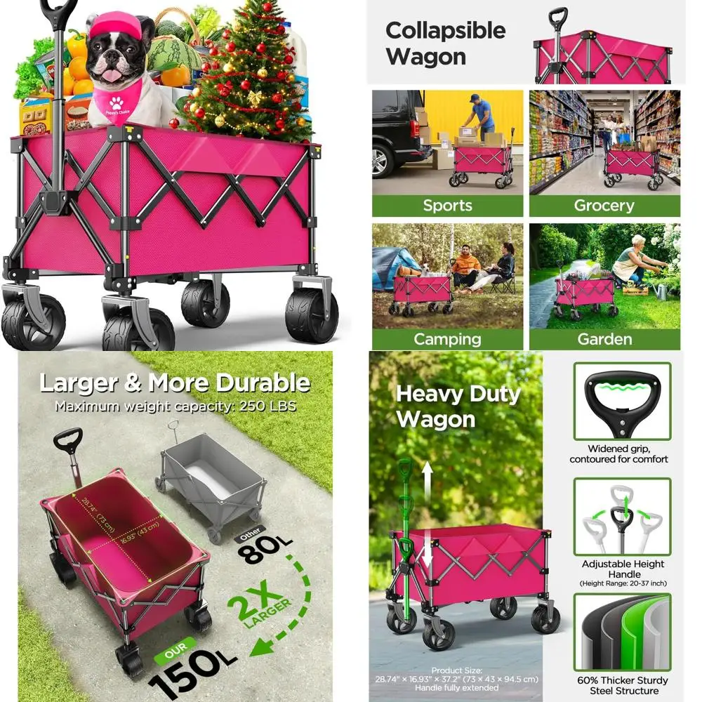 Large-Capacity Collapsible Utility Wagon with Big Wheels for Outdoor & Home Use - Pink