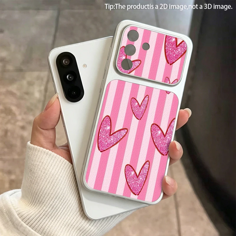 Shiny Heart Pattern 2D Artificial Leather Phone Case for Samsung S26 S25 S24 S23 S22 S21 A73 A56 A55 A36 A16 Shockproof Design