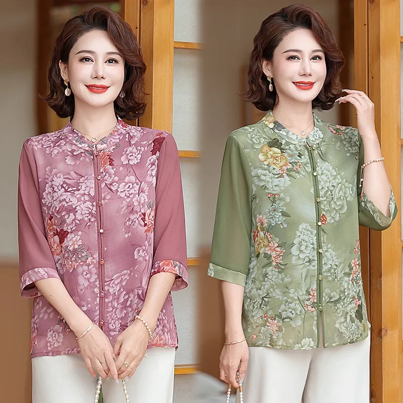 Vintage cheongsam collar Womens Half sleeve Casual Printed Chiffon Blouse Summer Single-breasted Thin Loose Shirt Female