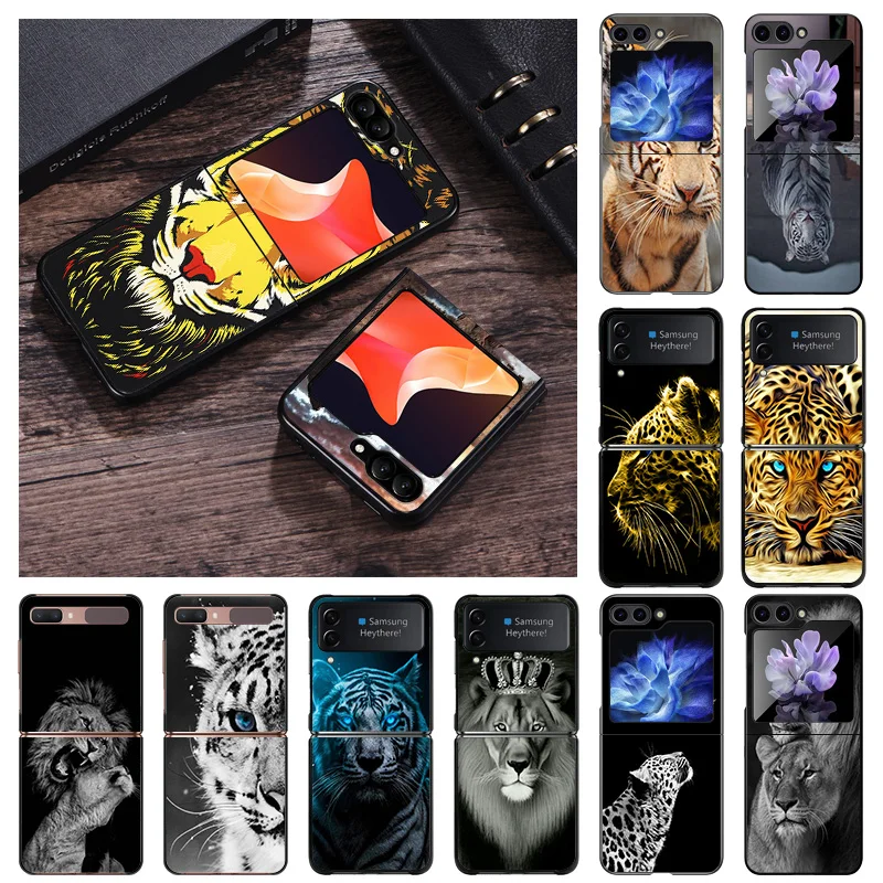 Black Matte Phone Case For Samsung Galaxy Z Flip6 Flip 6 5 4 3 Flip3 Flip4 Flip5 5G Leopard Tiger Lion King Hard Shell Cover