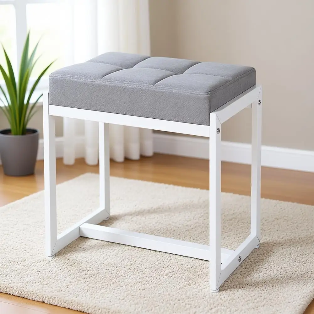 Elegant Grey & White Linen Vanity Stool with Padded Seat for Makeup Rooms and Living Spaces