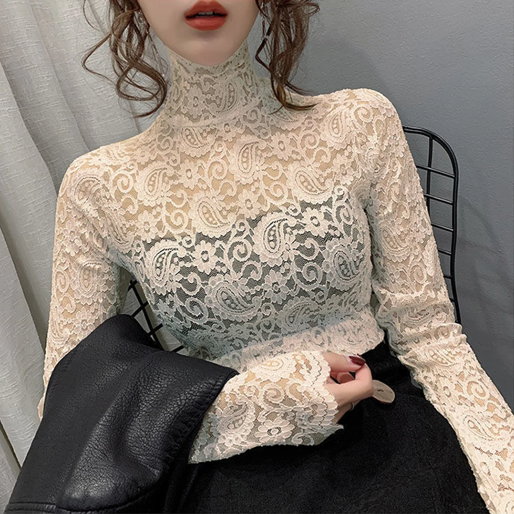 Transparent Lace Blouse Women Mesh O Neck Long Sleeve T Shirt Girl Black White Apricot Color Female Blouses S-2XL Cheaper Tops