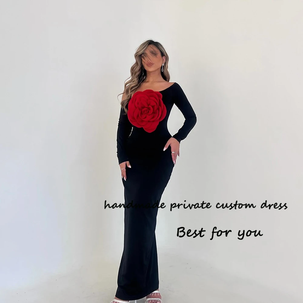 

Black Mermaid Evening Prom Dresses 3/4 Sleeve Strapless Arabian Dubai Formal Dress with Flower Long Occasion Party Gowns