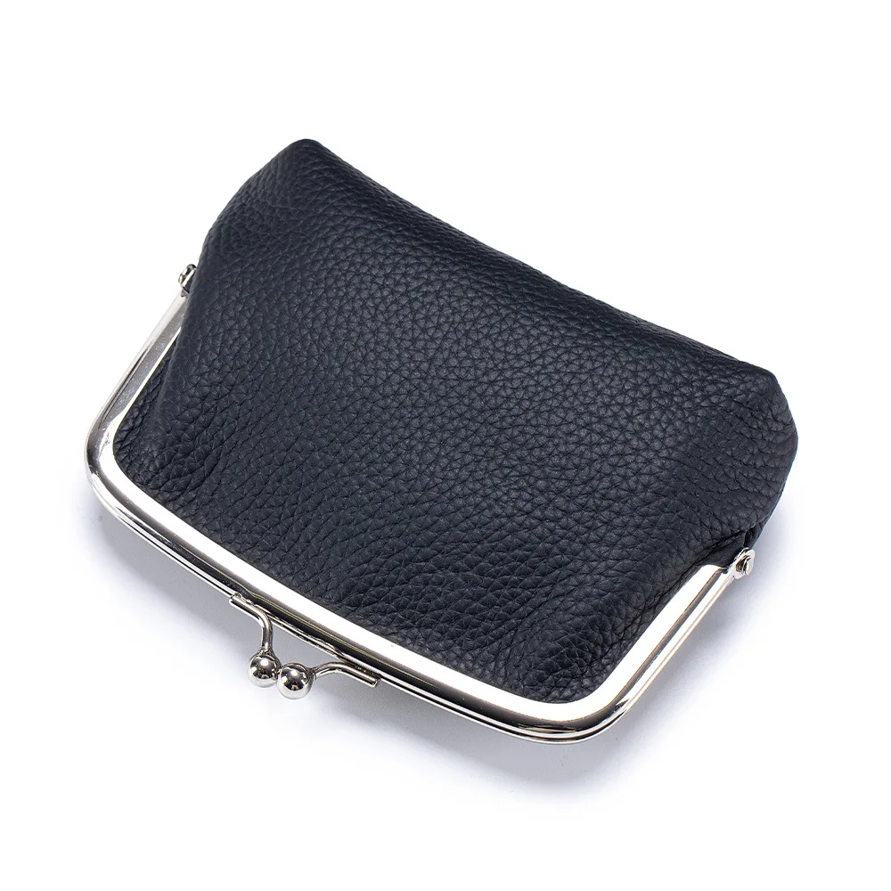 2026 Women's Premium Genuine Leather Litchi Texture Kiss-Lock Coin Purse Compact Hand-Held Lip Gloss Storage Pouch Double Pocket