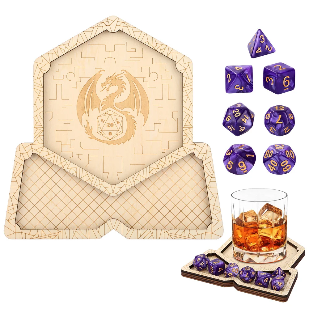 Novel Wooden Coasters with 7pcs/Set Purple Polygon Game Dices Set Irregular Shaped Wood Cup Mats