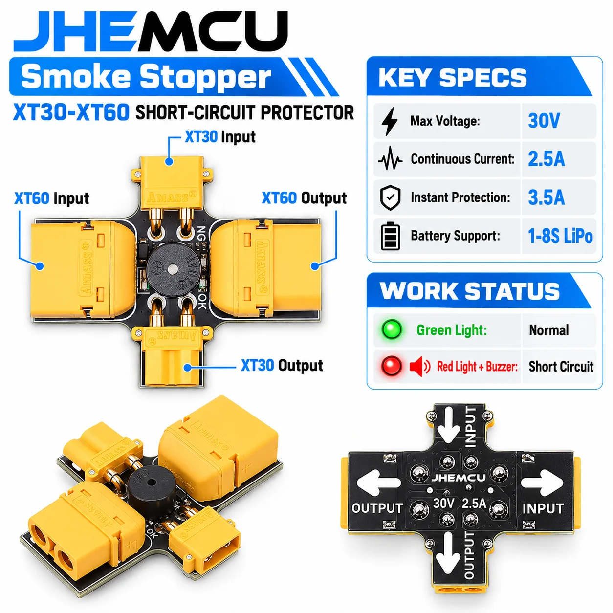 JHEMCU XT30/XT60 Smoke Stopper  Male Female Short Circuit Protector w/ Sound Alarm Buzzer 1-8S for RC Model FPV Drone Boat Parts