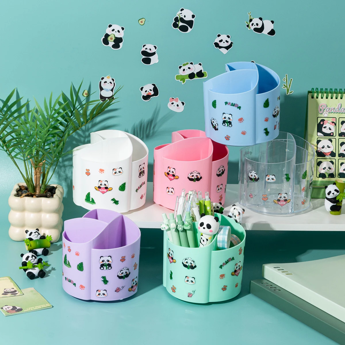 Five large capacity revolving pen holder storage box send cute panda stickers student desktop high appearance level girls