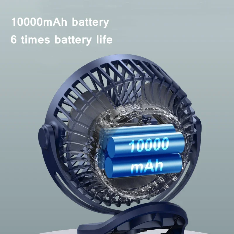 10000mAh Mini Clip-on Fan | 360° Rotation | 4-Speed Wind | USB Desktop Ventilator | Silent Bedroom Office AC