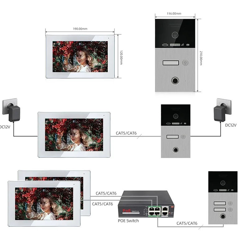 Jeatone Tuya 7-Zoll-Video-Türsprechanlage, Gegensprechanlage, Türklingel mit Fingerabdruck, RFID-Passwort, IR-Entsperrung, kabellose WiFi-Türklingel