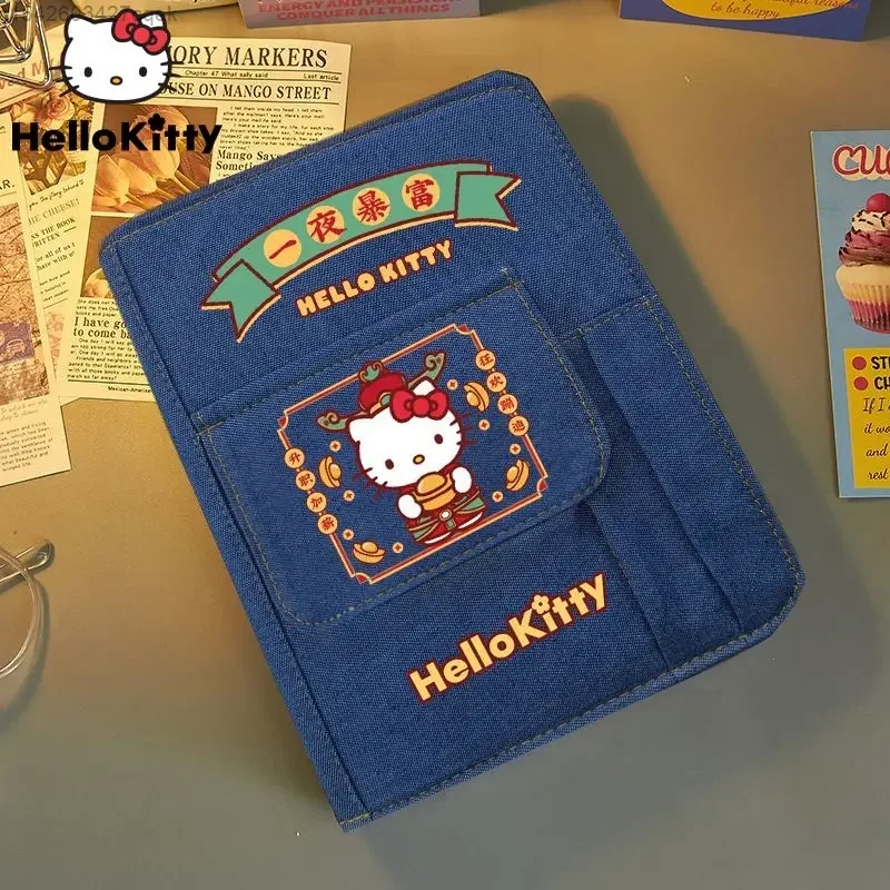 Sanrio Hello Kitty New Creative Notebook With Card Pen Holder Luxury Design Denim Cover Loose Leaf Book Learning Office Supplies