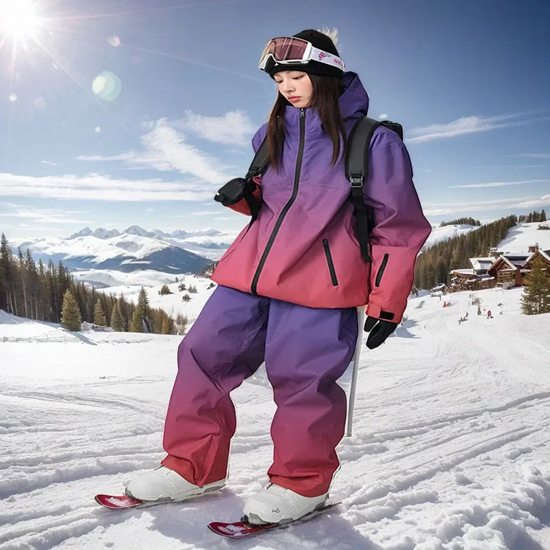 2025 new gradient color ski suit women's singles/double board outdoor cotton windproof ski suit women's sports loose snow pants