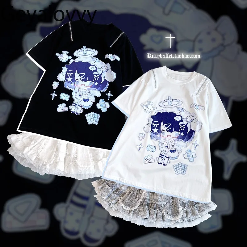 

Japanese Original Cartoon Pattern Zipper Off-Shoulder Loose Short Sleeve T-Shirt Summer New Versatile Round Neck Sweet Girl Top