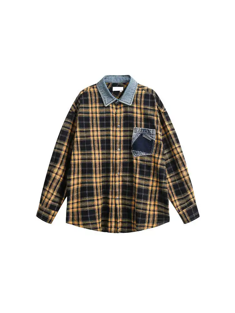 

Женские лоскутные клетчатые рубашки и блузки Y2k, винтажная корейская мода в стиле Харадзюку 90-х годов, элегантная рубашка-поло с длинными рукавами, верхняя одежда