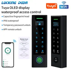 Wi-fi Tuya biométrico Fingerprint acesso controlador, teclado impermeável, tela OLED, cartão RFID autônomo, porta acesso controle sistema