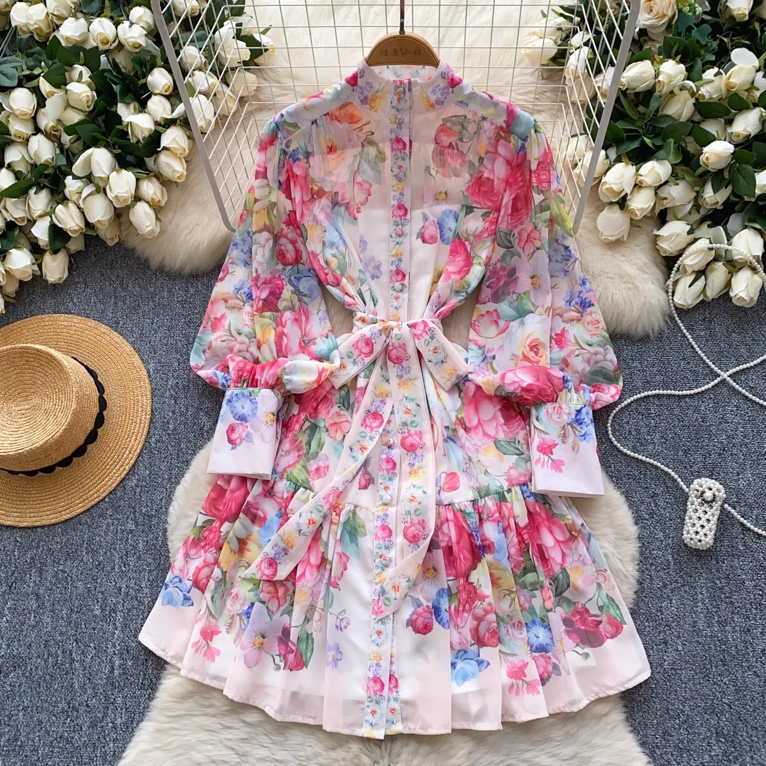 

Summer Gorgeous Flower Loose Casual Outfits Women's Stand Lantern Sleeve Buttons Down Floral Print Belt Lace Up Mini Vestidos