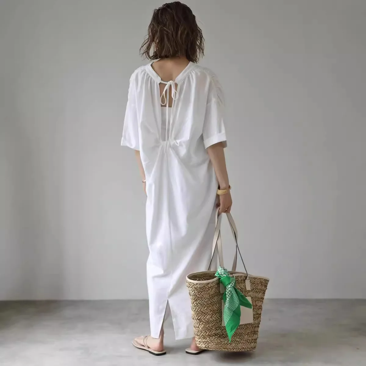 Rakuten japonés y coreano nuevo vestido de verano para mujer Casual cómodo Bowknot espalda descubierta manga corta vestido camisero largo fiesta