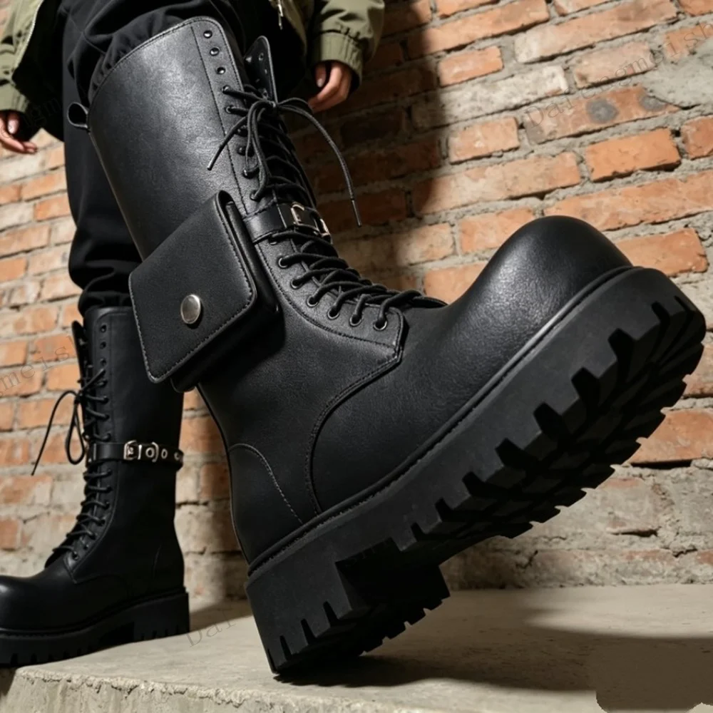 Women Black Leather Knee High Boots Side Pocket Buckle Lace Up Round Toe Thick Sole Goth Punk Streetwear Platform Boots