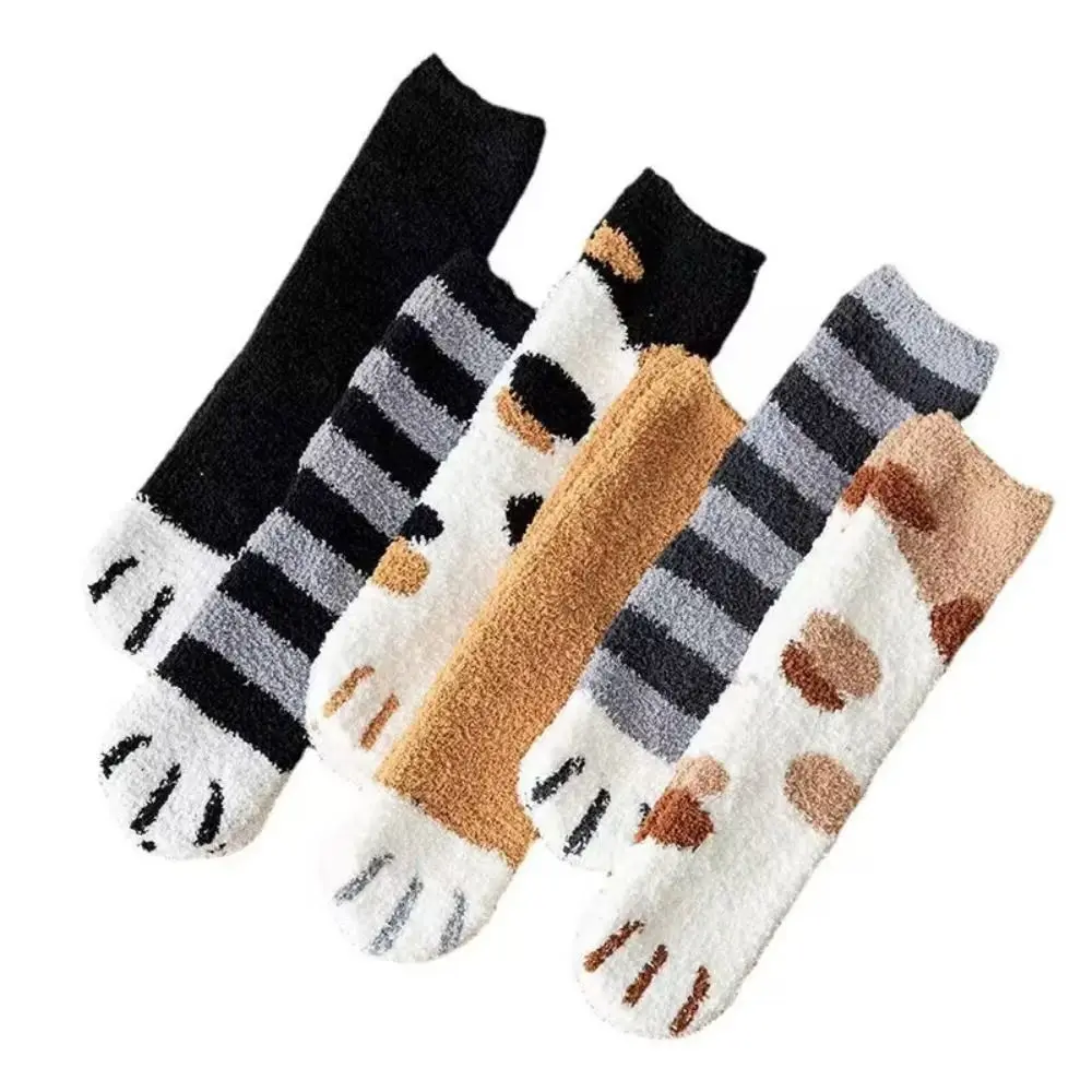 1 Pair Fashion Animal Fingers Cat Paw Winter Socks Coral Fleece Cat Paw Coral Fleece Warm Sock Soft Thicken Sleeping Socks Women