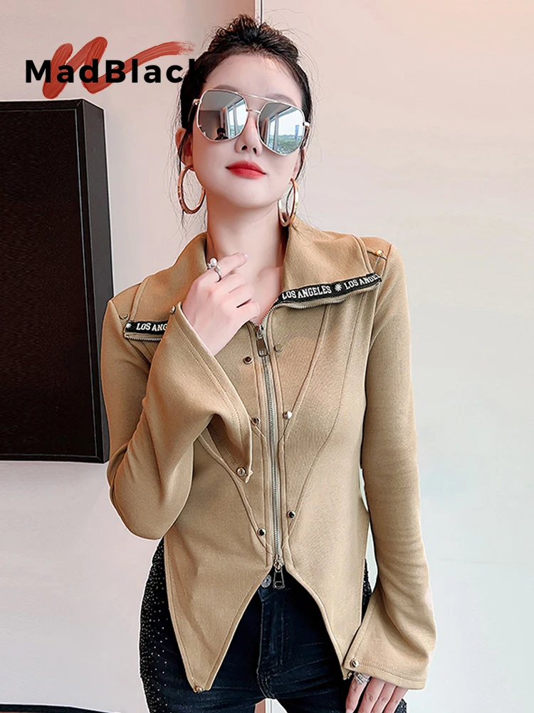 MadBlack-Women European T-Shirt, Sexy Turn-down Collar Zipper, Vintage Long Sleeve Slim M-3XL Knit Tee, 2026 Autumn New T69335CC