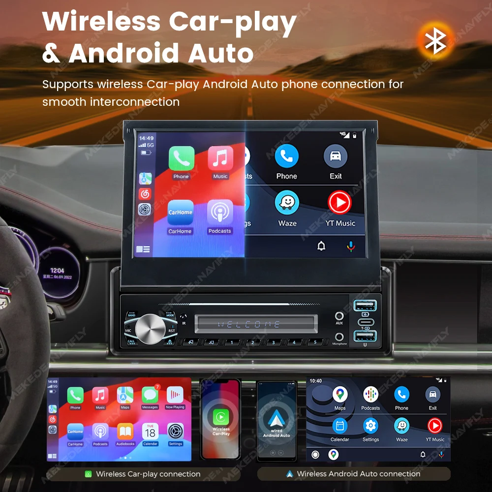 1 Din Car Radio with DAB Carplay Android Auto Multimedia Retractable 7'' HD Touch Screen FM USB MirrorLink Universal Autoradio