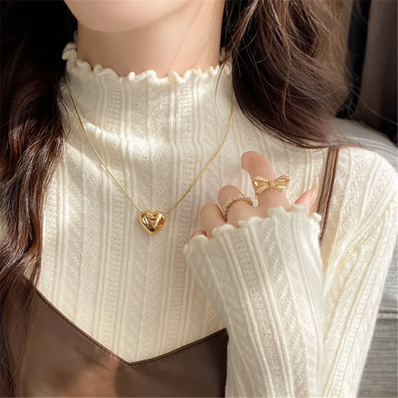 

Mock Neck Sweater Ruffle Edge Jacquard Knit Sweater Long Sleeve Slim Fit Pullover Soft Ribbed Casual Warm Cozy Sweater