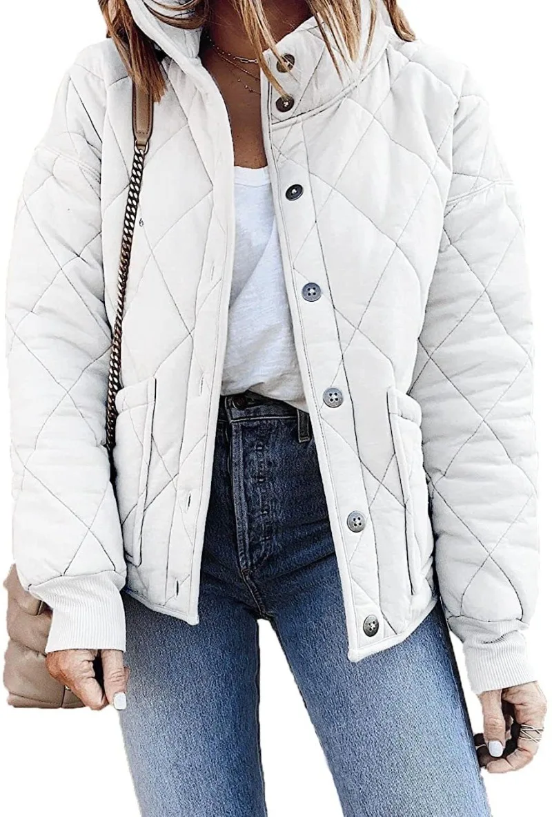 Women\'s Quilted Jacket Long Sleeve Spring and Autumn Thin Casual Stand-Up Collar Button Jacket with Pocket