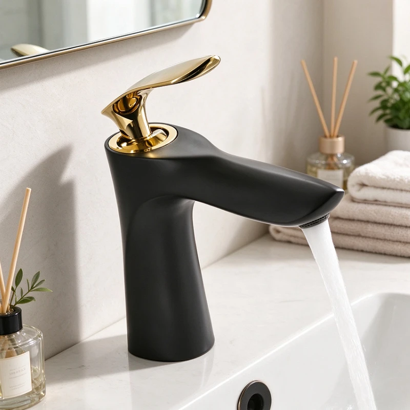 Maple Leaf style hot and cold built-in basin faucet black + gold mixer single hole countertop wash basin sink faucet