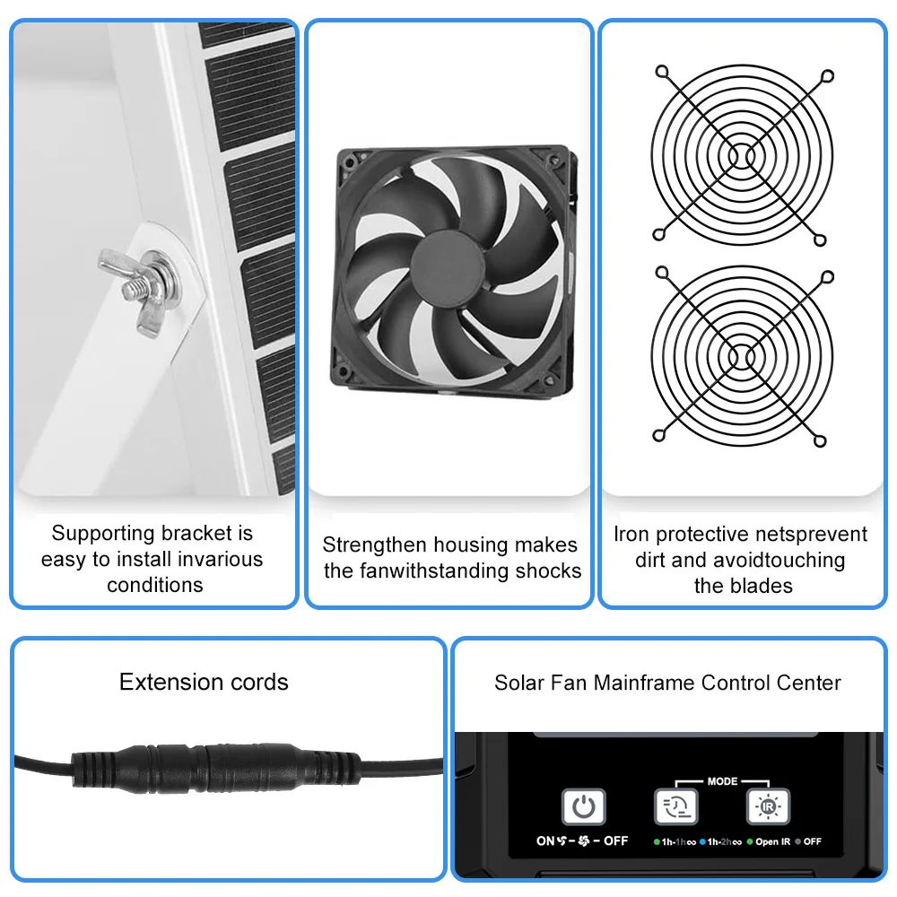 Solar Dual Exhaust Cooling Fan Built-in 2500mAh Battery, Timing Infrared Sensor Vent Kit for Chicken Coop Pet House Greenhouse