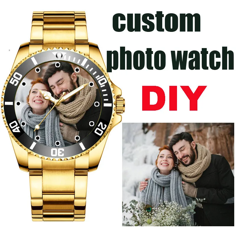 ساعة صور مخصصة مخصصة للرجال لون ذهبي من الفولاذ المقاوم للصدأ طباعة الصور شعار صورة ساعة يد إبداعية مخصصة