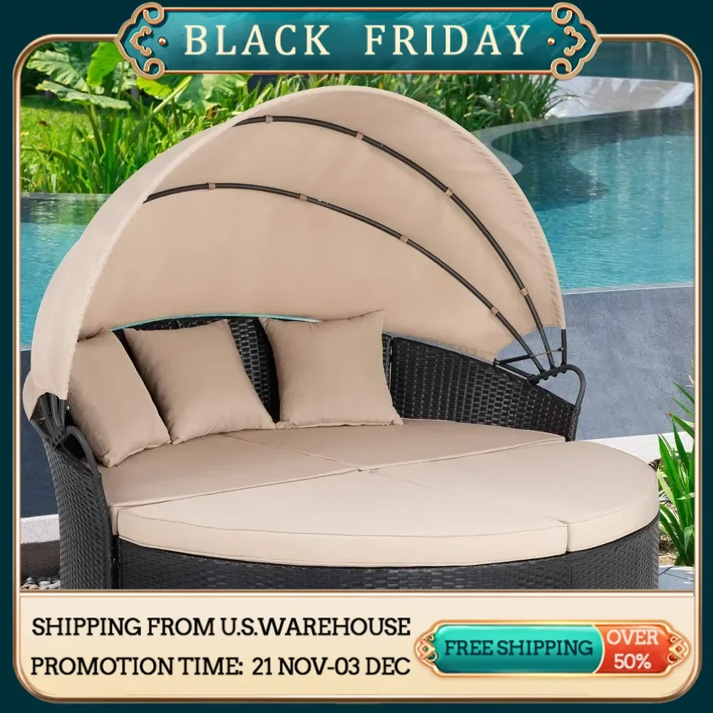 Outdoor Patio Furniture Outdoor Round Daybed with Retractable Canopy, Black Wicker Furniture Sectional Couch with Washable