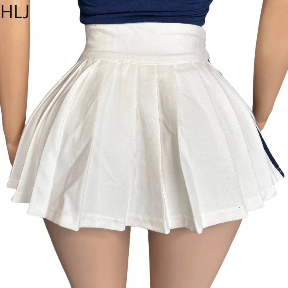 HLJ American Vintage Style Fashion Pleated Mini Skirts Two Piece Sets Women O Neck Letter Print Slim Top And Aline Skirt Outfits