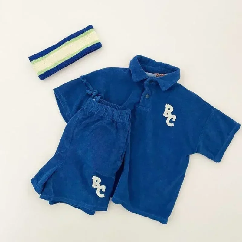 Summer Children's Leisure Polo T-Shirt Towel Material Short Sleeve INS Instagram Style Set Cool New Product for Kids