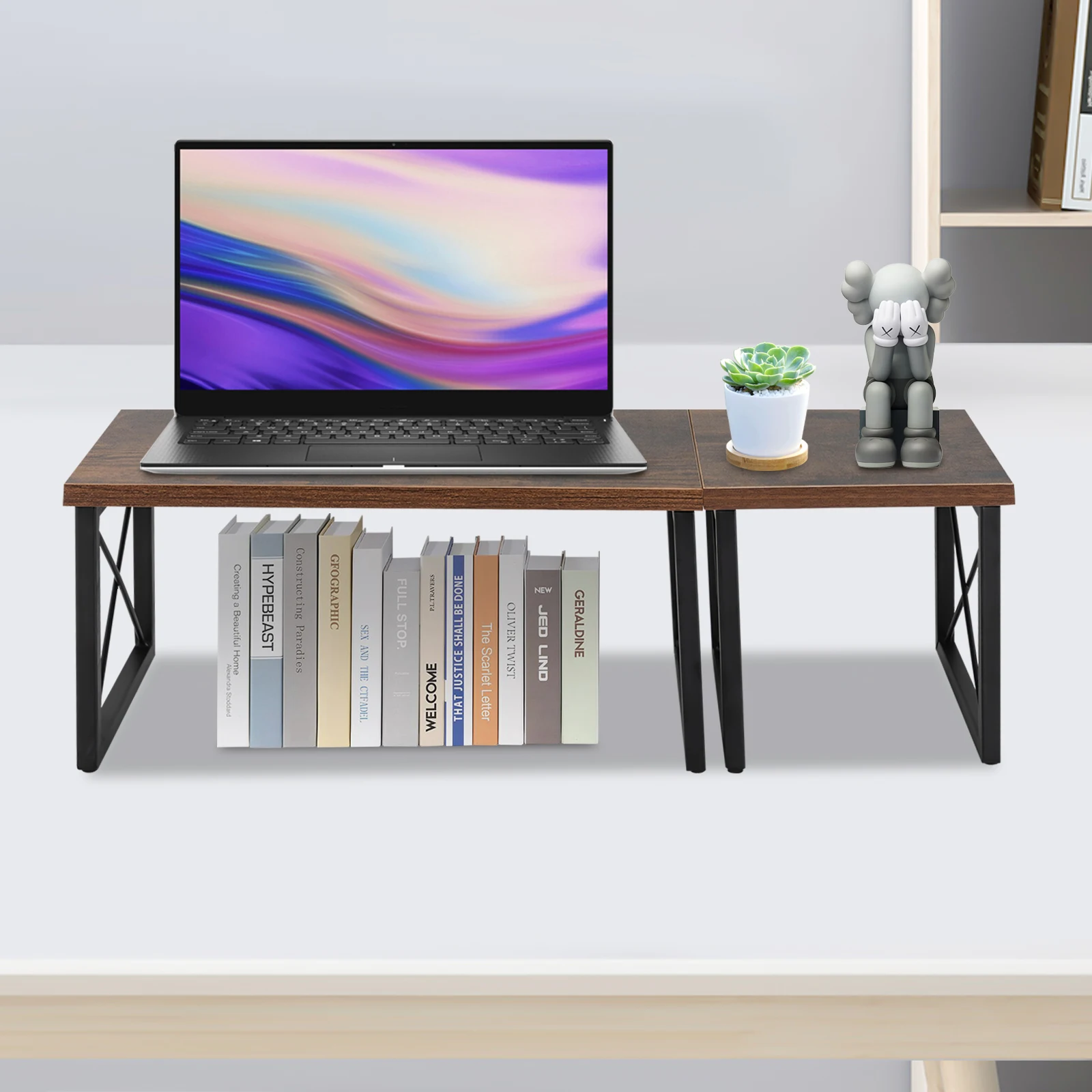 Desktop Bookcase Laptop Desk Shelf Adjustable Standing Shelf Bookcase Expandable Standing Shelf Wooden Shelf for Office