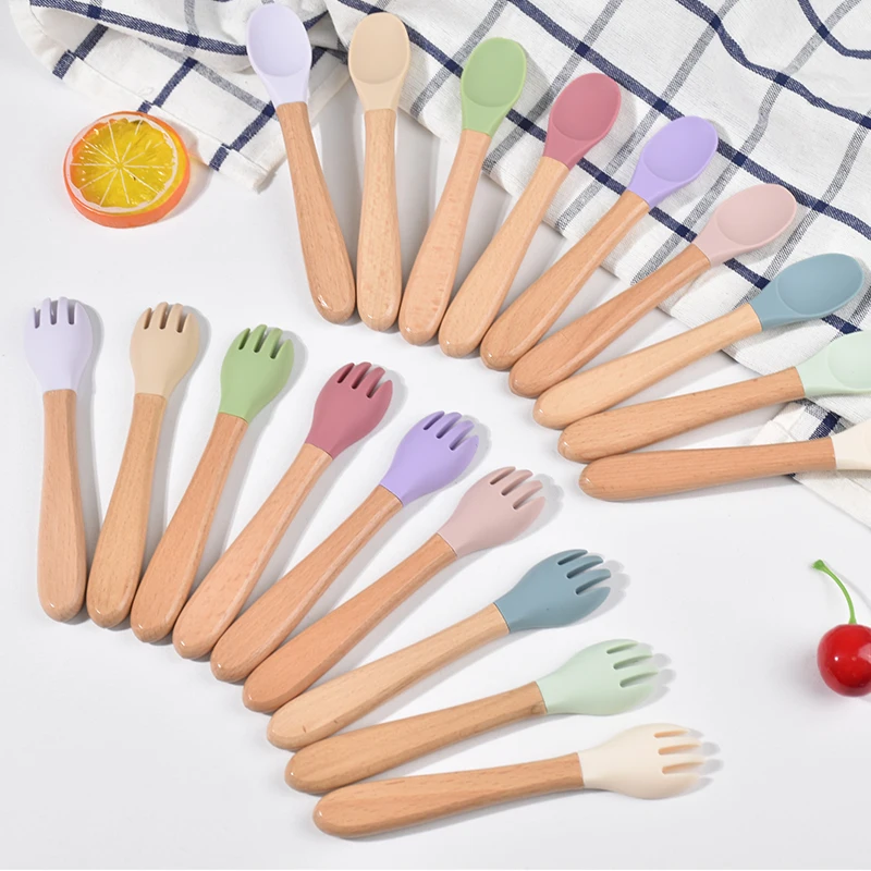 Baby Fork&Spoon Set Soft Silicone Head with Non-Slip Wooden Handle BPA Free Dishwasher Safe Ideal for Toddler Meals (6+ Months)