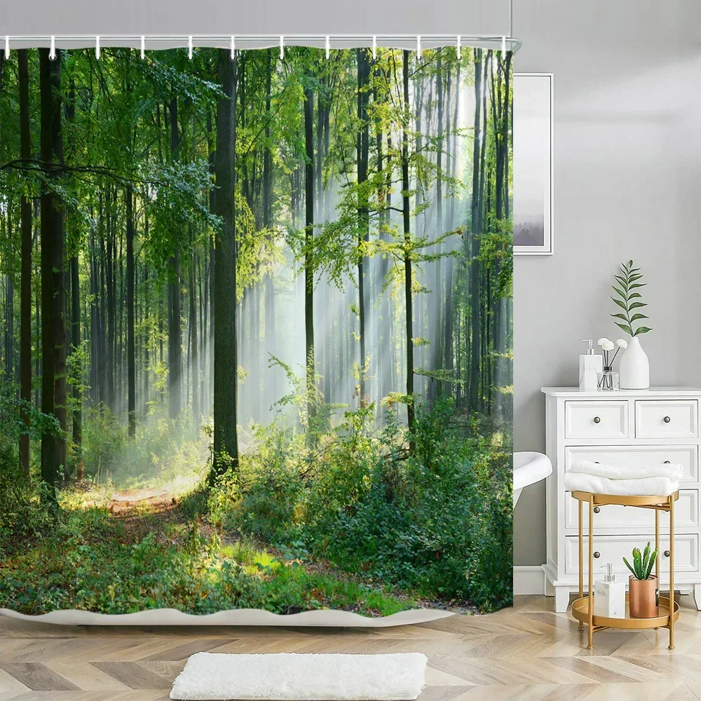 3D Tropical Forest Natural Scenery Waterproof Shower Curtain Green Trees Moss Deep Forest Bathroom Partition Screen Bath Curtain