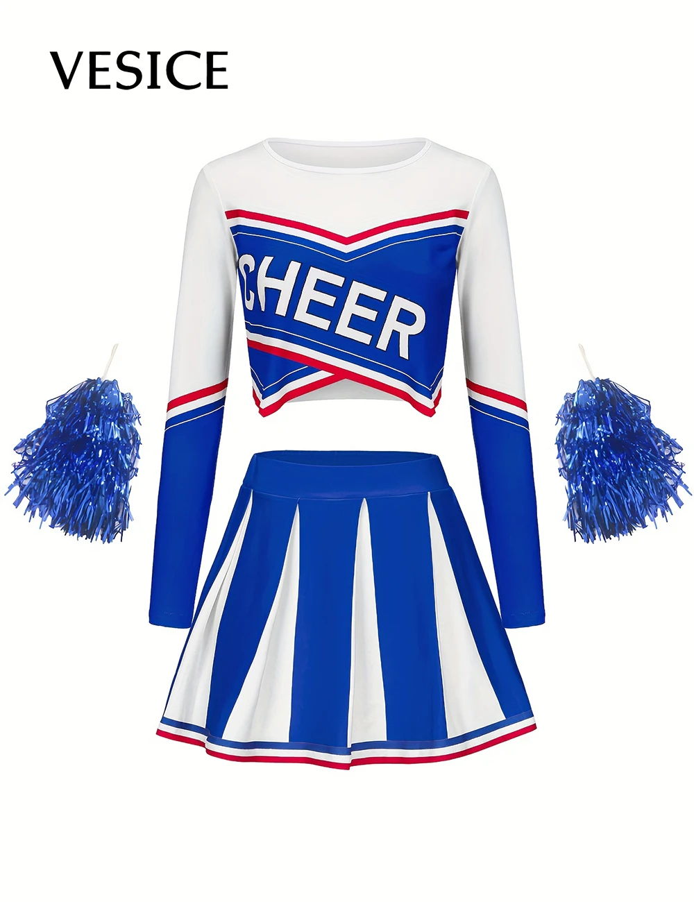 

Long sleeved Cheerleader Short Skirt Set Girls Kids Holiday Party Cute Homecoming Season Sports Performance Costume Send Pom Pom