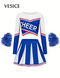 Long sleeved Cheerleader Short Skirt Set Girls Kids Holiday Party Cute Homecoming Season Sports Performance Costume Send Pom Pom