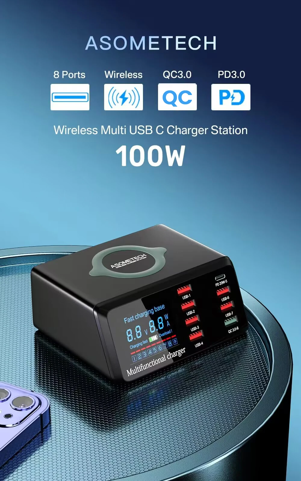 100w 8 Ports USB-Ladestation mit kabelloser Aufladung digitaler Bildschirm qc 3,0 pd 3,0 Schnell ladung für iPhone 14 13 Xiaomi – Detail 1