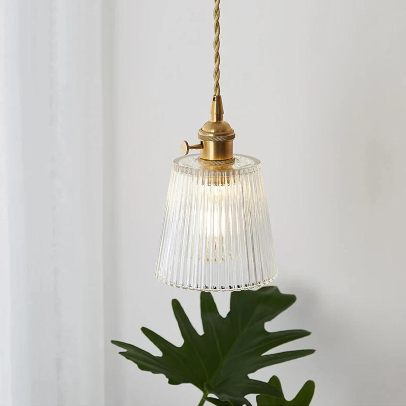 Minimalist Ribbed Glass Pendant Lamp Brass E27 Hanging Light for Kitchen Dining Room Bedroom Home Fixture