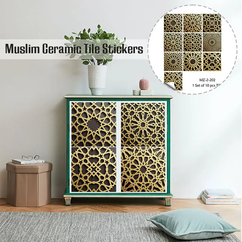 

10pcs Muslim Style Square Tiles Sticker Waterproof Kitchen Oil-proof Wallpaper Bathroom Wardrobes Crystal Film DIY Decor 10/30cm