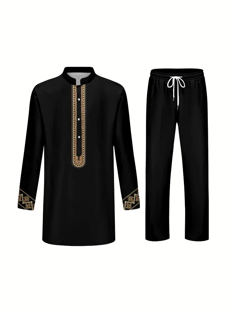 Gorgeous Men's Suit Long Sleeve Blouson Collar Shirt and Trousers Elegant and Noble 3D Printed Two Piece Suit Religious Culture