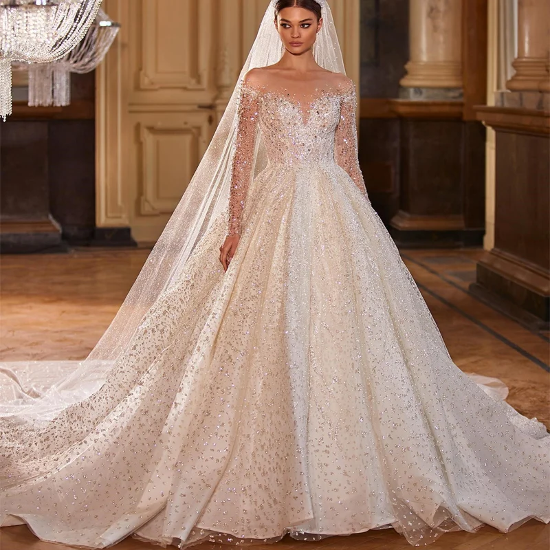 

Luxury O-Neck Wedding Dresses For Women 2024 Bride Long Sleeve Princess Sparkling Beaded Bridal Dress Vestidos De Novia