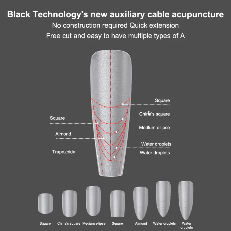 50 sztuk/pudełko Akrylowe sztuczne paznokcie do szybkiego przedłużania żelowym lakierem UV, sztuczne paznokcie długie trapezoidalne z liniami pomocniczymi do manicure