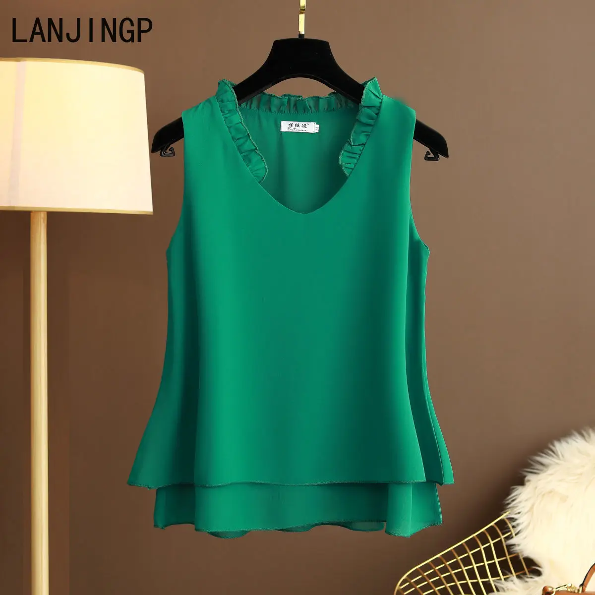 

women's clothing 2025 summer lotus leaf V-neck double-layer chiffon shirt loose versatile bottoming top sleeveless vest women